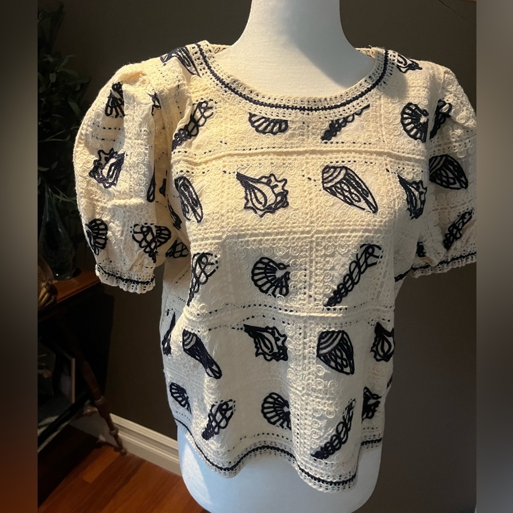 Solitaire Navy and Cream Embroidered Blouse